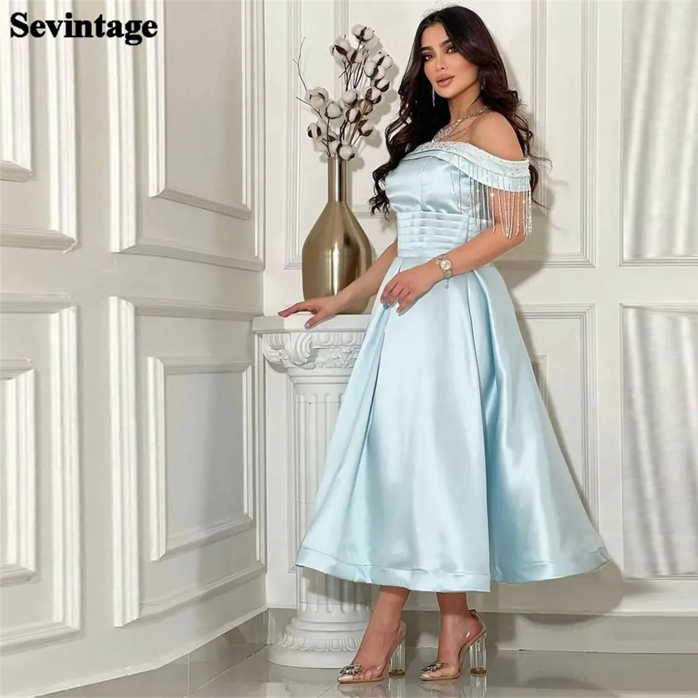 

Sevintage Elegant Sky Blue Saudi Arabic Evening Dresses Off The Shoulder Ruched Tassel Tea Length Prom Dresses for women 2023