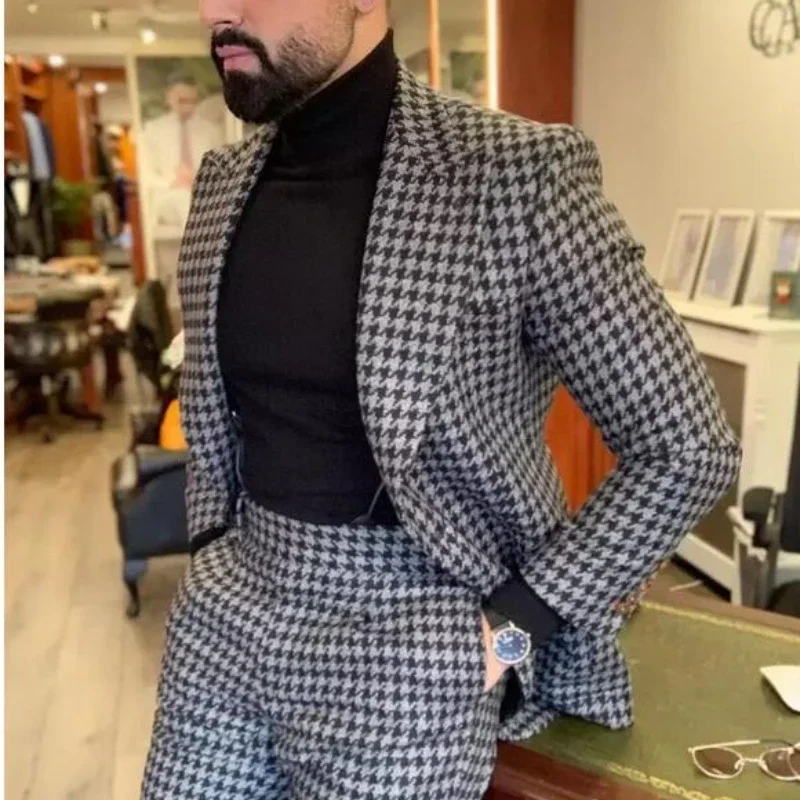 

Italian Style Houndstooth Plaid Men's Suits for Wedding Slim Fit 2 Piece Formal Groom Tuxedos Suit Jacket with Pants 2024