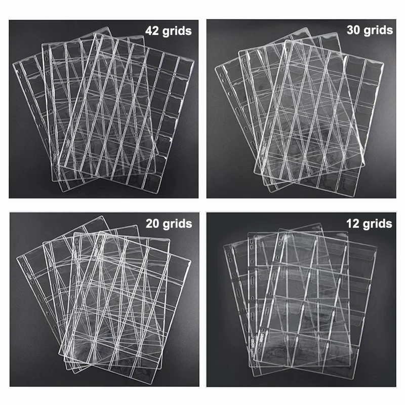 PVC 포켓 무산성 동전 홀더, 투명 동전 앨범 페이지, 12, 20, 30, 42 그리드, 스탬프 수집 정리 시트, 느슨한 잎