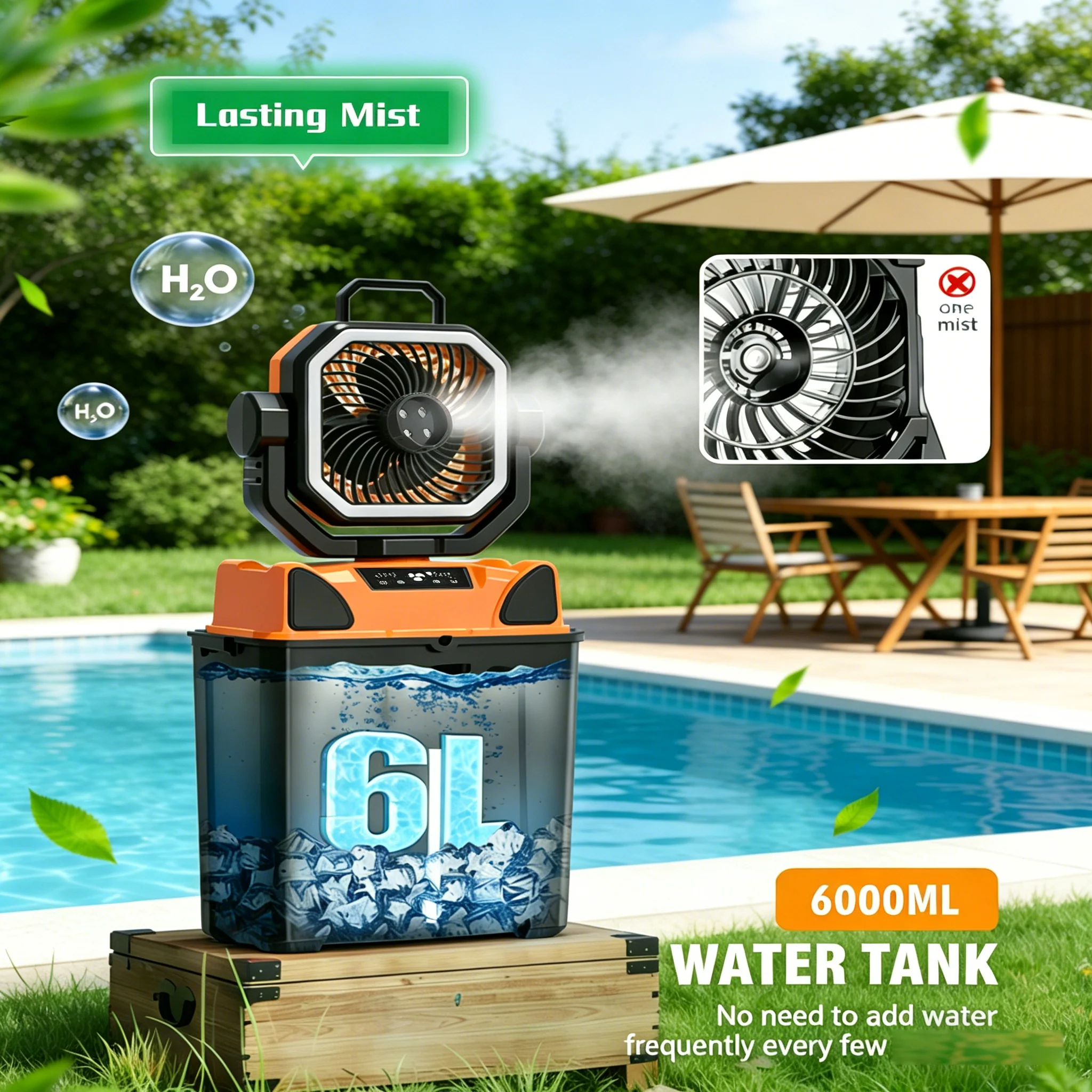Ventilateur de camping portable 30000 mAh avec pulvérisation d'eau à 4 buses, autonomie complète de 6 heures – Ventilateur de camping électrique extérieur avec réservoir d'eau de 6 L 3