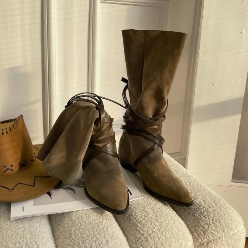 

Ботинки женские повседневные из коровьей замши, сапоги с перекрестной шнуровкой, простые плиссированные сапоги до середины икры, без застежки, зеленые, весна-осень