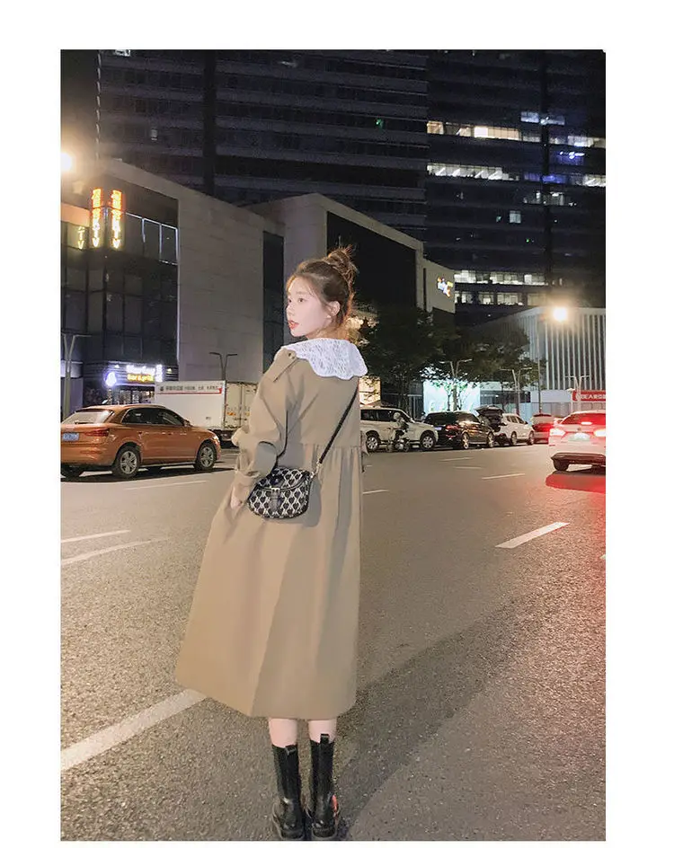 black puffer coat Korean Trench Coat For Women Spring Autumn 2022 New Lace Collar Loose Windbreaker British Style Long Overcoat ladies long puffer coat