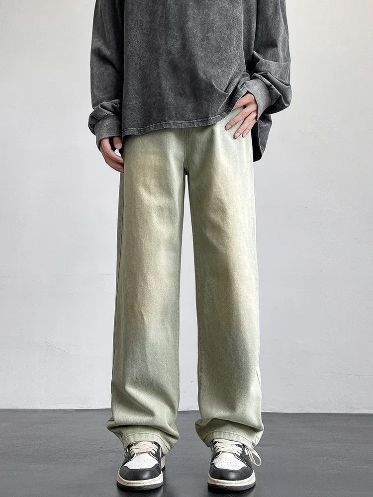 Korean Style Men&rsquo;s Casual Long Jeans Classic Straight Denim Wide-Leg Pants Solid Colors Light Blue Grey Black