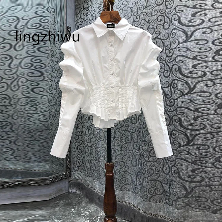 

lingzhiwu White Short Blouse 2024 Spring Autumn Female Designer Irregular Folds Long Sleeve Slim Shirt New Arrive