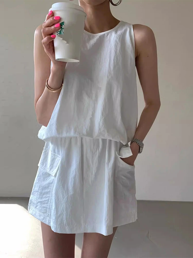 HELIAR Women Solid Color Casual 2 Piece Sets Zipper Sleeveless Vest Shirt +Elastic Waist Shorts Skirt Set Office Women Outfits - Image 5