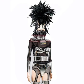 카니발 파티 퍼포먼스 드레스, 금욕 시리즈, PU 가죽 커스텀 마스크, 섹시한 슬림핏 실버 갑옷, 기술 감각