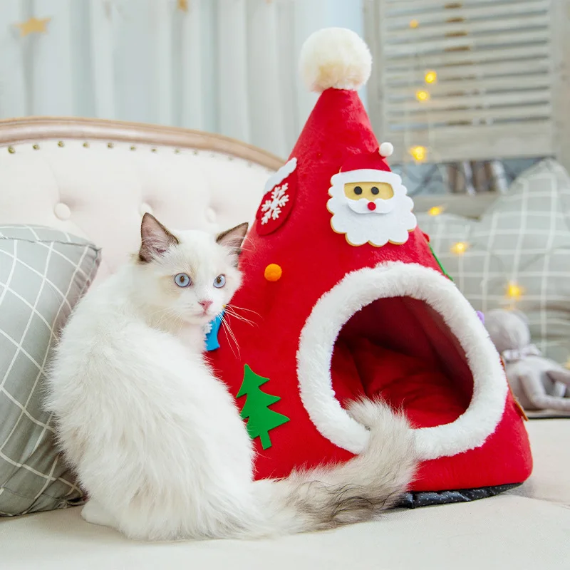 

Warm Pet Bed Christmas Hat Shape Cat Kennel House Soft Plush Nest Puppy Small Cat Sleeping Beds Tent Portable Pet Cushion Mat