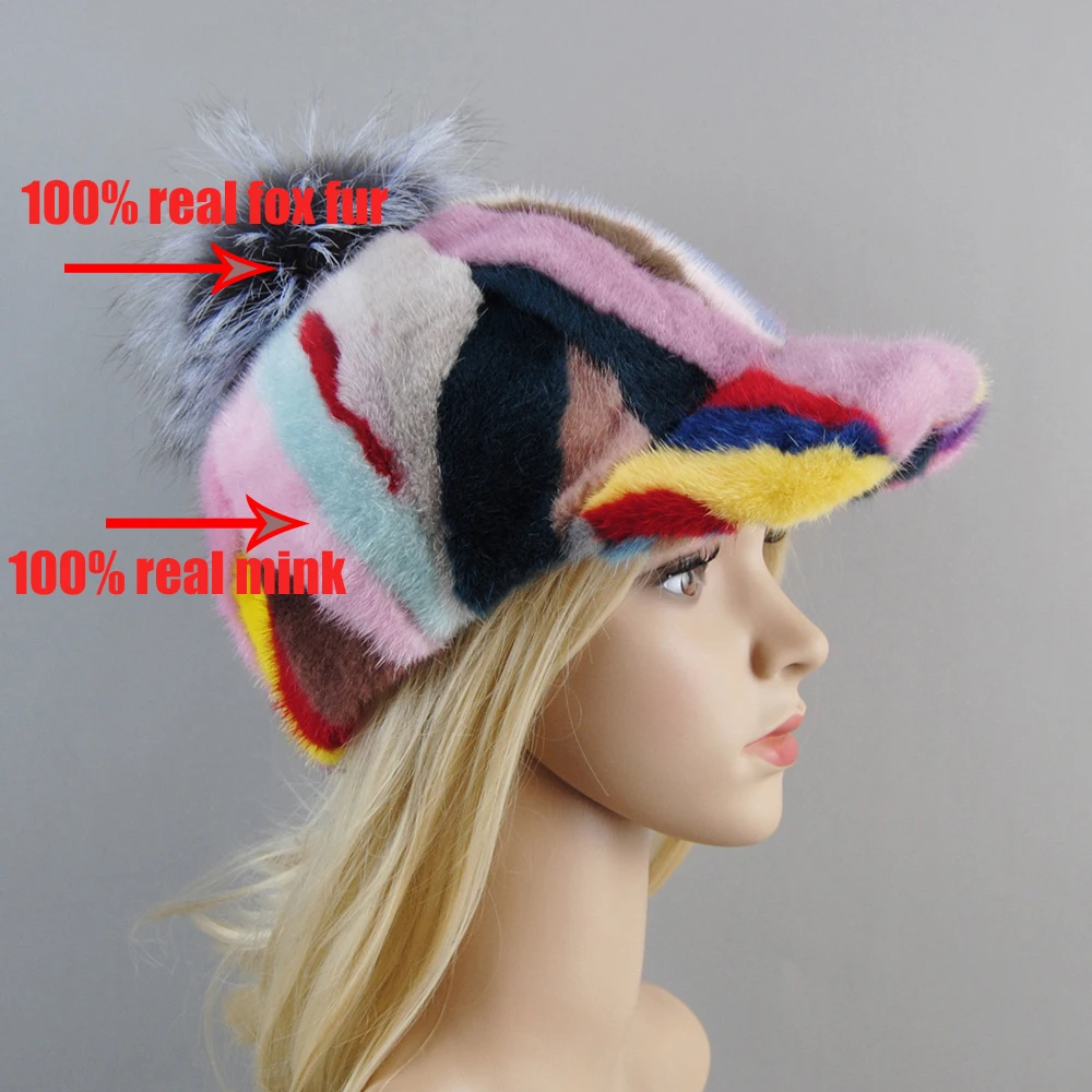2025 Real Mink Fur Hat Women Thick Warm Russian Cap Female Cute Fashion Winter fox fur ball Hat Windproof Colorful Baseball Caps 3