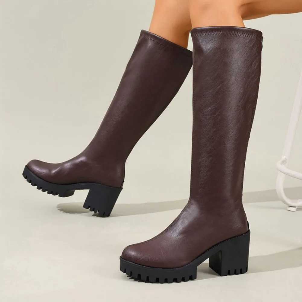 Autumn and Winter New Round Head Thick Sole Retro Heightening Mid-calf Boots with Velvet Warm and Comfortable Fashion Show Boots