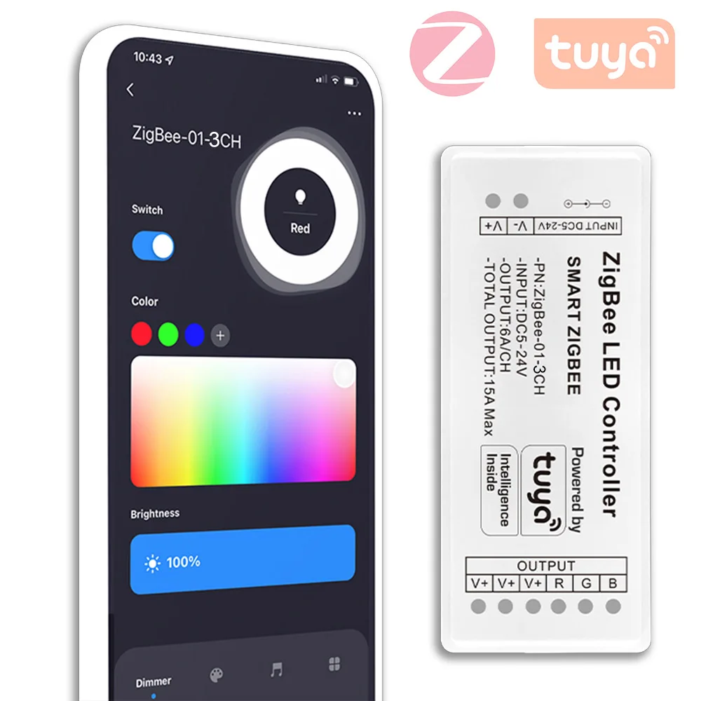 Tuya Zigbee RGB Controller 15A 12V 180W Smart Life Gateway Hub 5V 24V Alexa Google 3CH COB RGB LED Strip Light ZigBee Controller