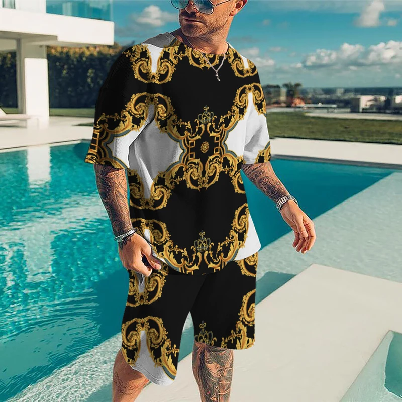 Men Summer Luxury Brand Tracksuit Male Vintage T-Shirt Short Pants Set Fashion Clothing 2 Pieces Casual Outfit Suit Streetwear