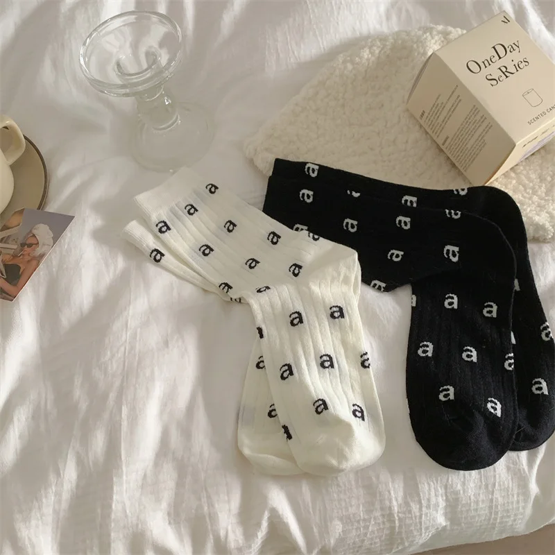 

Women's Cotton Kawaii Letter A Ladies Socks Spring Autumn Korean Style Fashion Solid Color Harajuku Unisex Calcetines