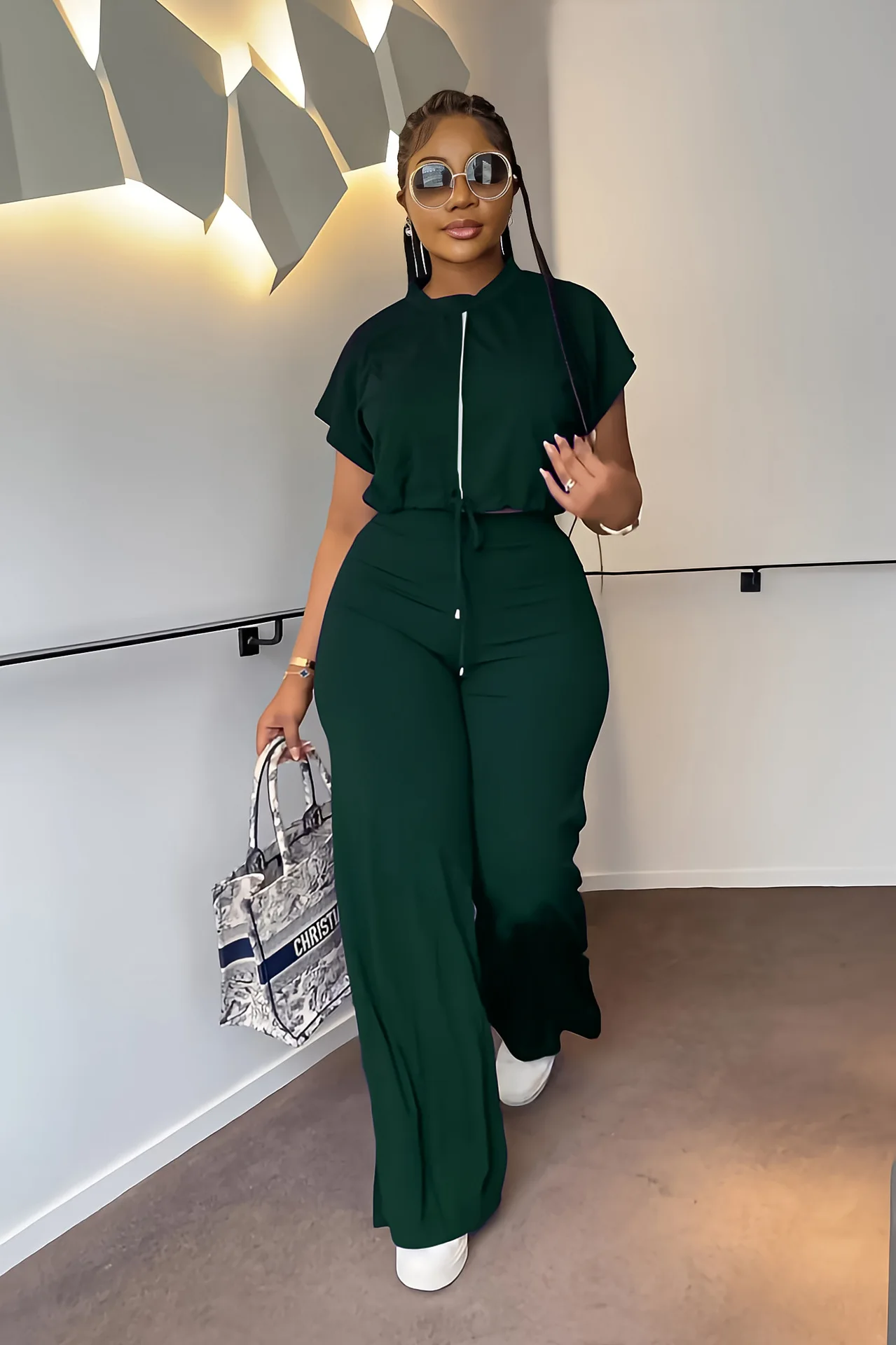 Summer Fashion Sports Style Two Piece Set for Women Casual Drawstring Top Split Wide Leg Pants Two Piece Set Women