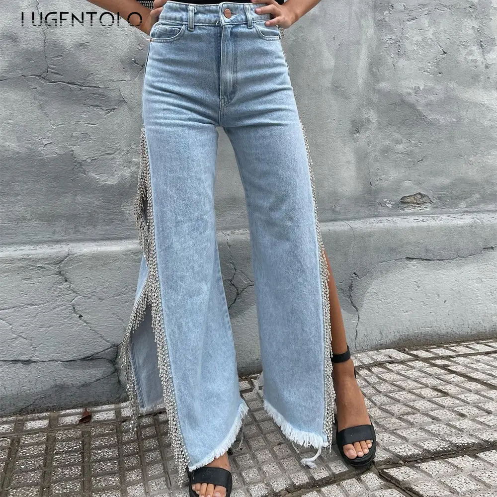 

Split Chain Jeans Women Personality Trends Summer New 2023 Fashion Sexy Female Denim Solid Streetwear Casual Wide-leg Pants