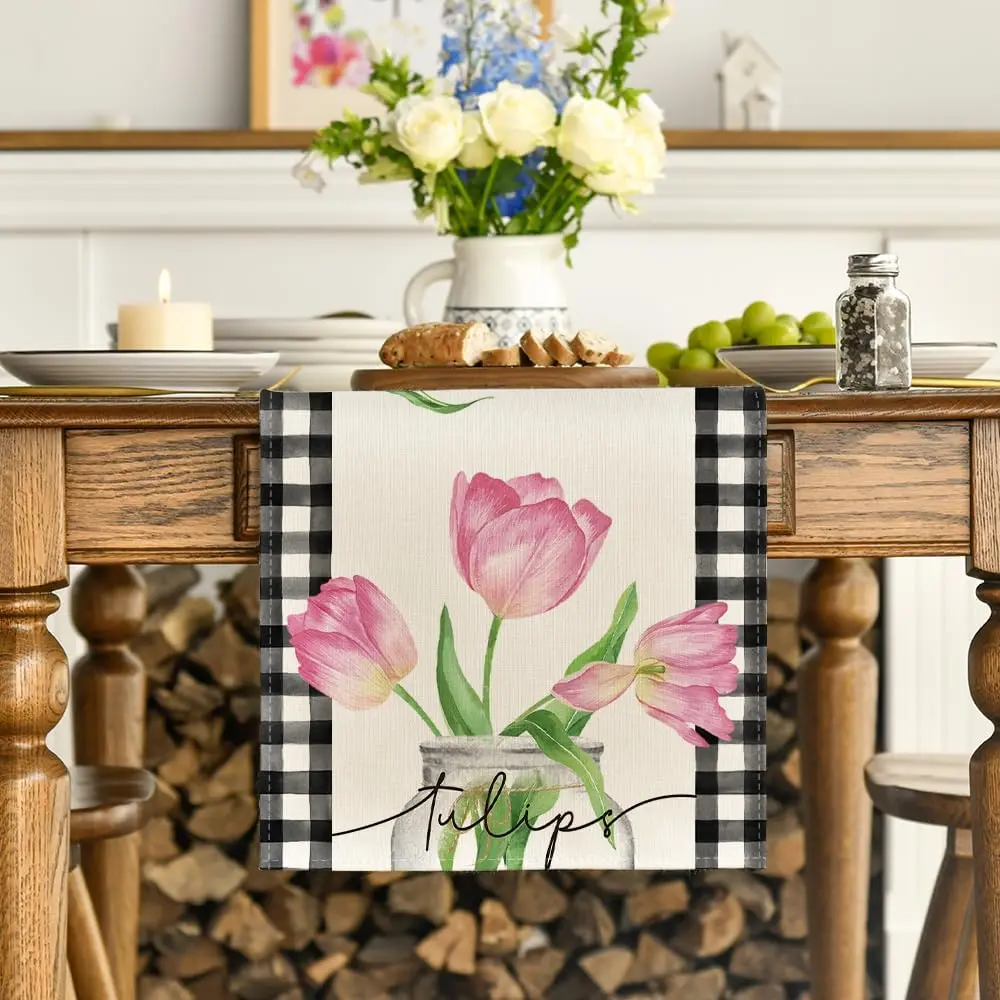 

Buffalo Plaid Vase Pink Tulips Spring Table Runner Seasonal Summer Kitchen Dining Table Decoration for Home Wedding Party Decor