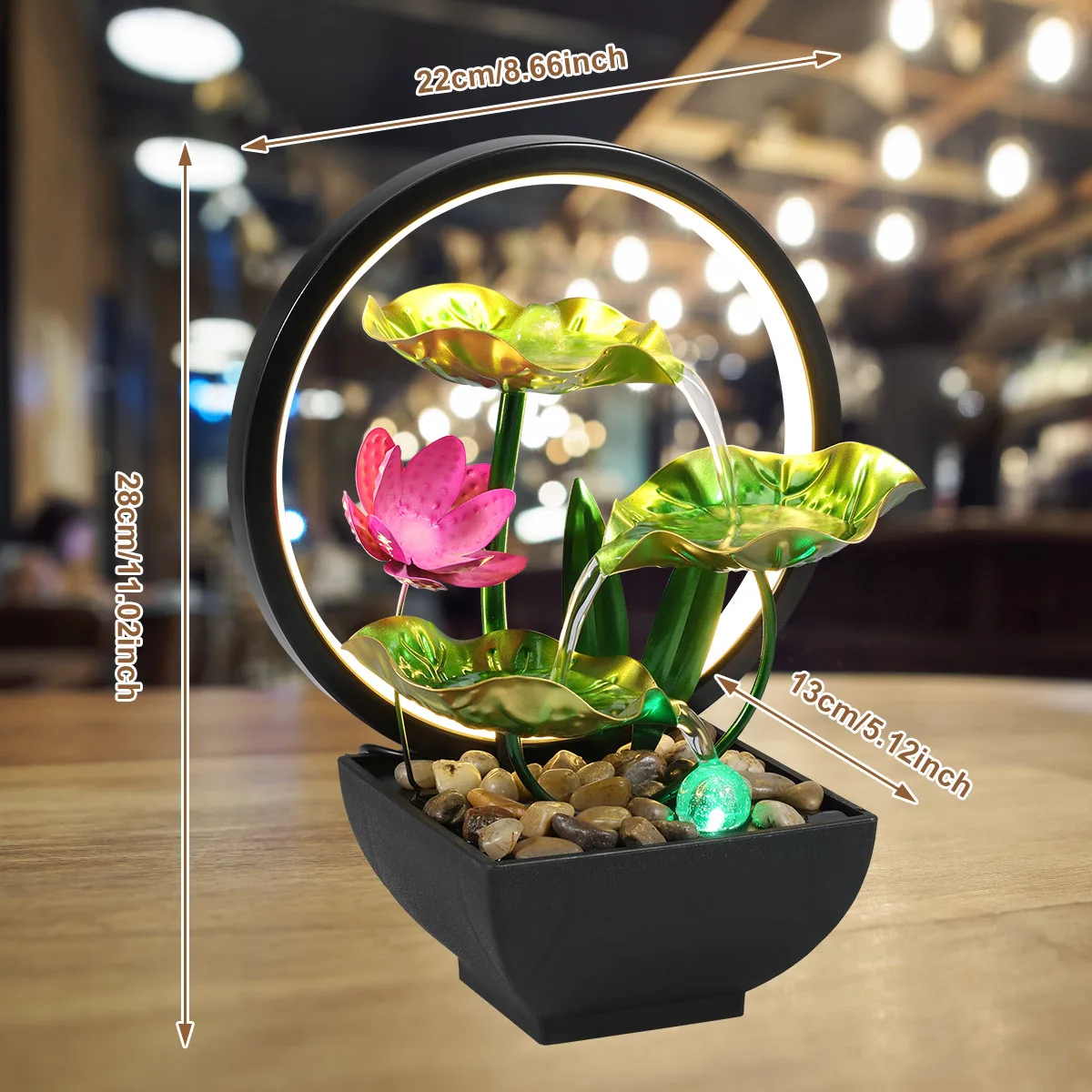Fontana Da Tavolo A Loto Con Anello LED – 22x13x28 Cm, Ferro E Plastica, Luce Bianca Calda, Pompa Silenziosa, Per Relax E Feng Shui