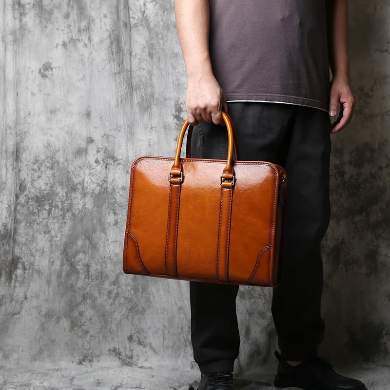 NZPJ Genuine Leather Men Briefcase Primitive natural cowhide Handbag Vintage Casual Computer Bag Fashion Crossbody Bag