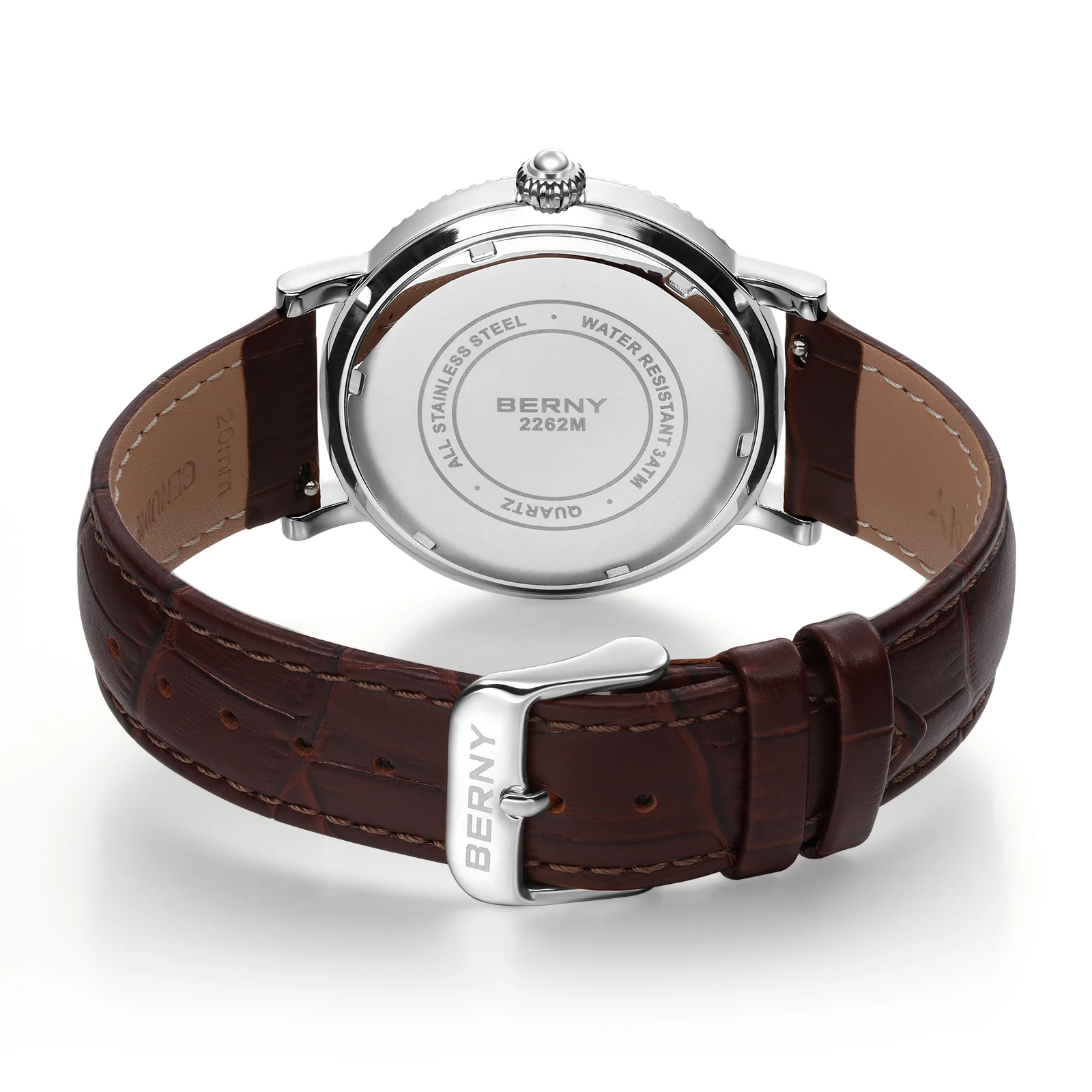 BERNY Orologio Uomo Al Quarzo Con Fase Lunare - Vetro Zaffiro - Cinturino In Pelle - Impermeabile 3ATM - 3