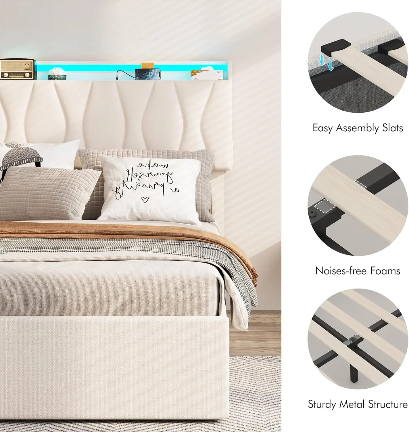 Twin Size Lift Up Storage Bed Frame with Adjustable Headboard, Charging Station, LED Lights, Wood Slats, Noise-Free