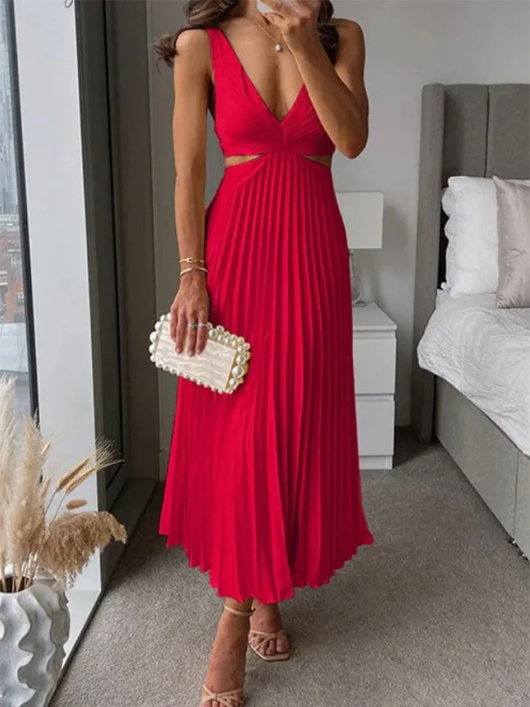 Elegant Long Summer V-neck Sleeveless Hollow Out Backless Sexy Dress . S-xxL photo