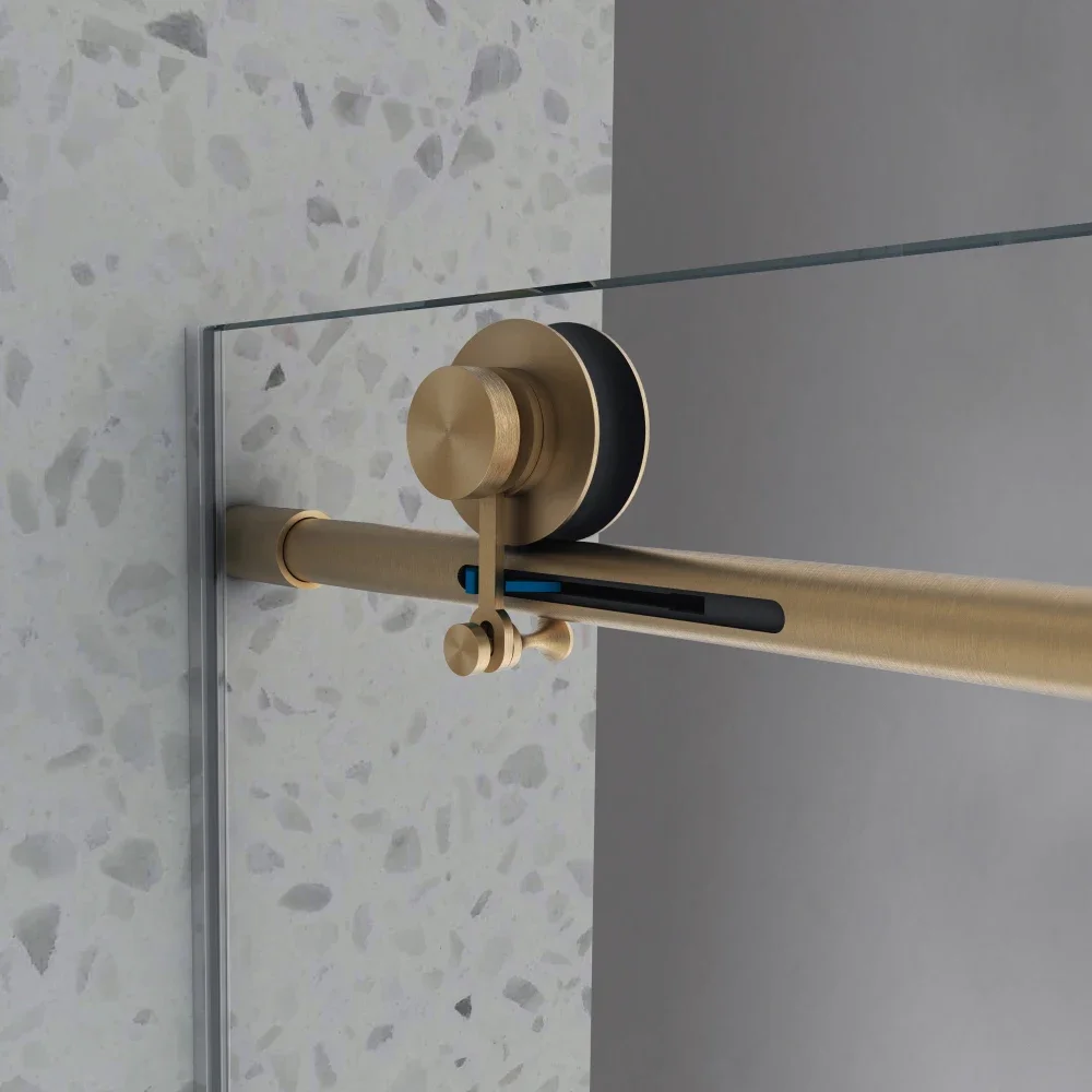 6076 Brushed Gold frameless one fixed and one shifted Shower Door,70MM 304 stainless steel large pulleys with adjustable 4