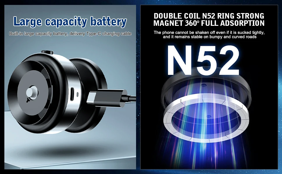Magnetic Suction Phone Mount Built-In Battery Comes with Type-C