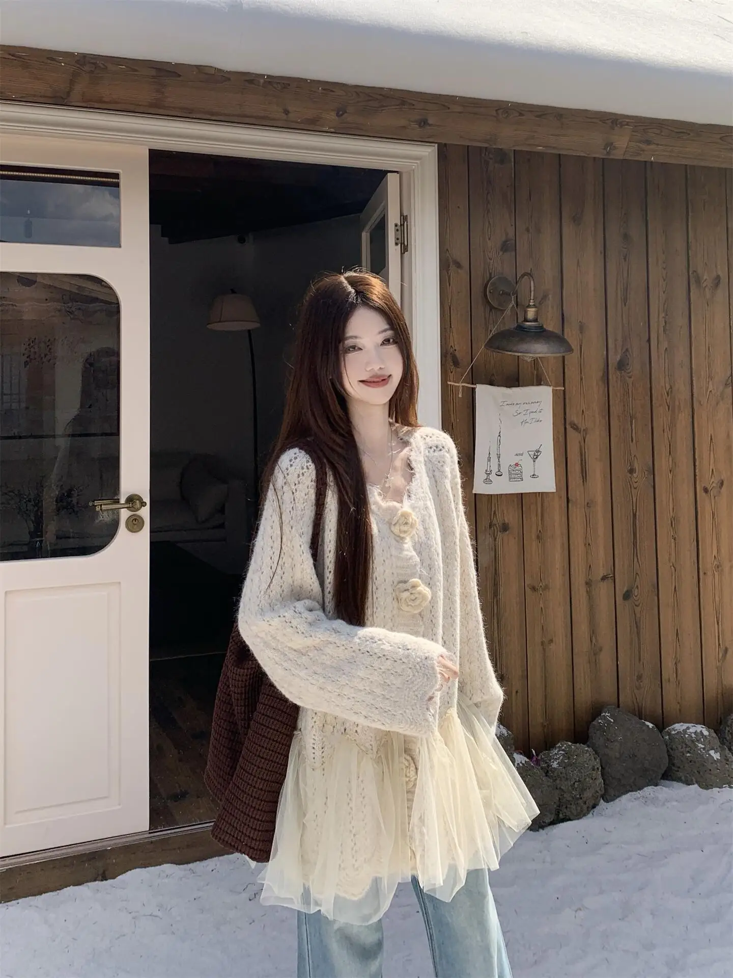 3D Floral Mesh Splicing Knitted Sweater Coat Women's Spring New Mid-Length Casual Top V-neck Long Sleeve Button Closure
