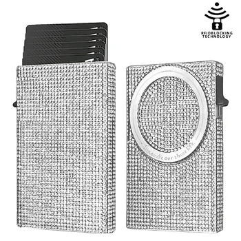Portafoglio minimalista da donna in lega di alluminio, porta carte pop-up magnetico automatico con spinta laterale con blocco spazzola antifurto