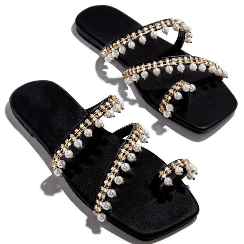 

2022 Summer Casual Women's Summer Pearl Slippers Flat Women's Sandals Fashion Outdoor Women's Beach Shoes Square Head Slippers