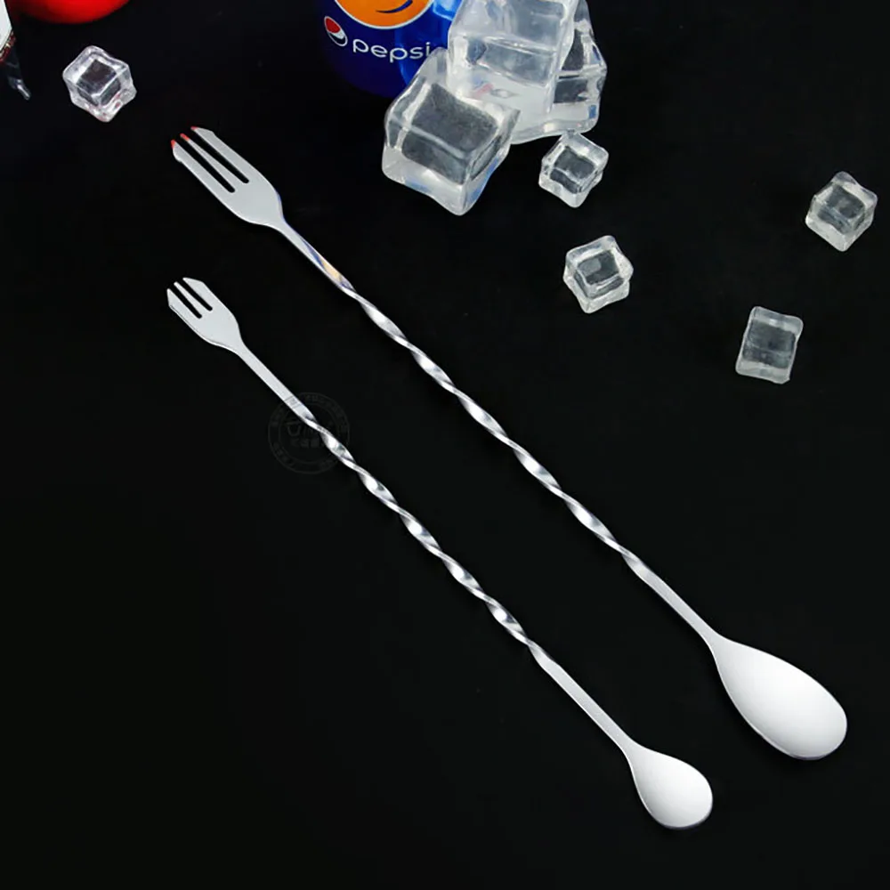 cocktail muddler cocktail spoon Stainless Steel Mixing Stirrin Spoon Fork Cocktail Bar Spiral Pattern Drink Shaker Muddler Stirrer Twisted Fork Spoon Two in One