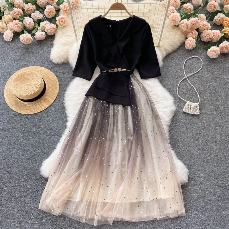 

New Mesh Design Sense Splicing Thin Waist-length First Love Fairy Dress Woman