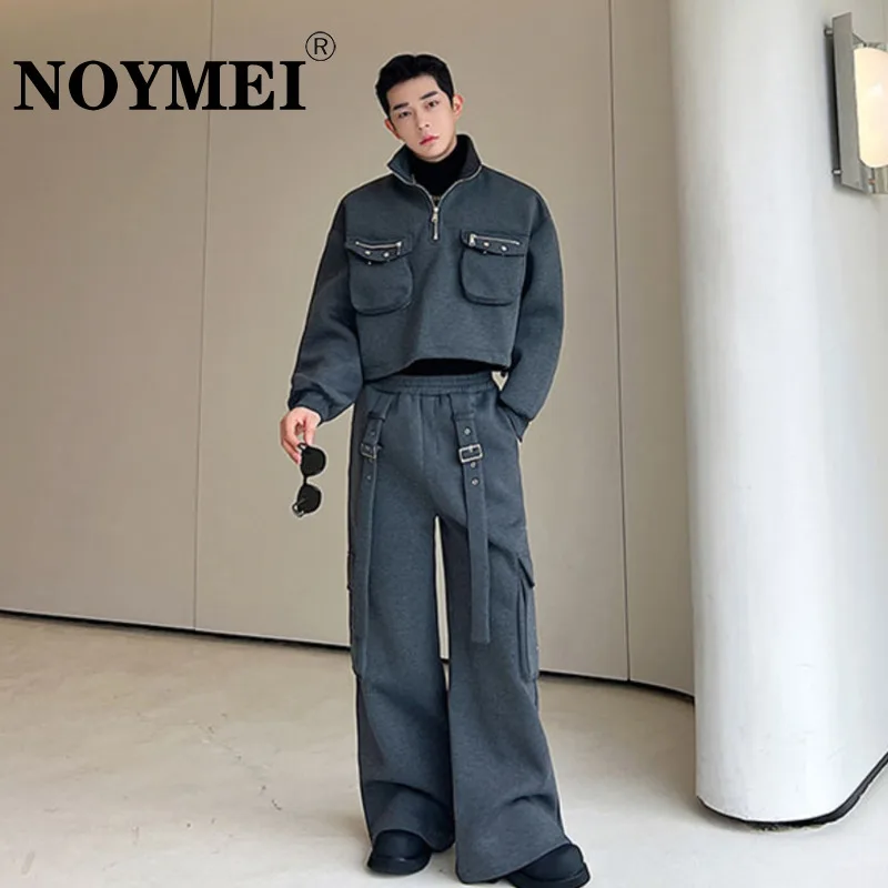 

NOYMEI Loose Pocket Half Zipper Air Layer Stand Neck Sweatshirt Wide Leg Pants Two Piece Set Men Solid Color Trend Autumn WA3332