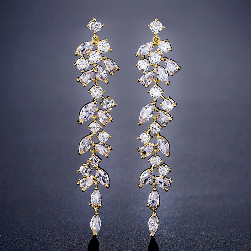 Ear Clip Earrings Clip Earrings Ear Clip Ear Accessories Luxury Zirconia Crystal Long Leaf Drop Dangle Clip on Earrings Women Bridal Wedding Party Without Piercing