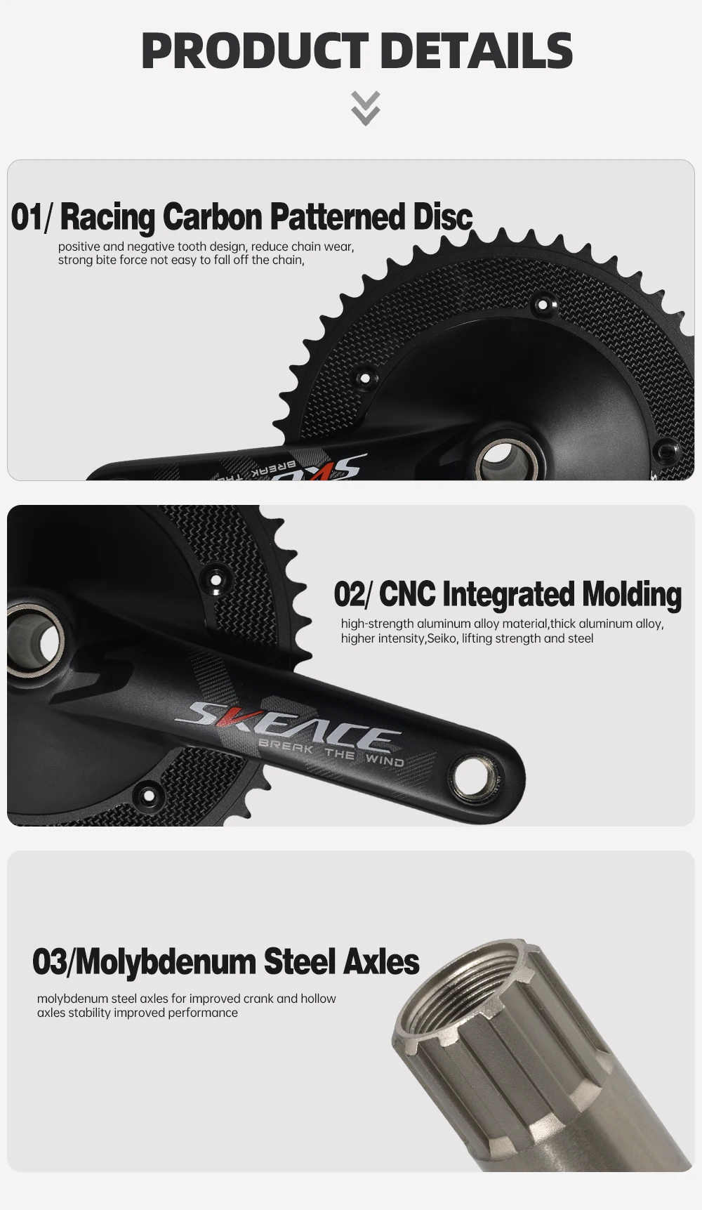 SKEACE Break The Wind Hollowtech Kurbelgarnitur, Fixie-Kurbel, Fixed-Gear-Fahrrad, Kettenrad CNC-Carbon-Kettenblatt, 49T, 165 mm, 144BCD – Detail 6