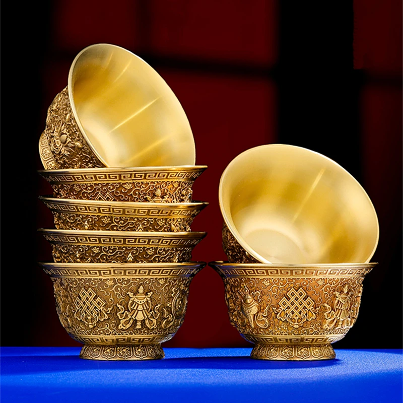 Pure Copper Water Supply Cup for Offering Buddha, Tantric Eight Auspicious Symbol Buddhist Decor Water Bowl, Buddhist Supplies 5