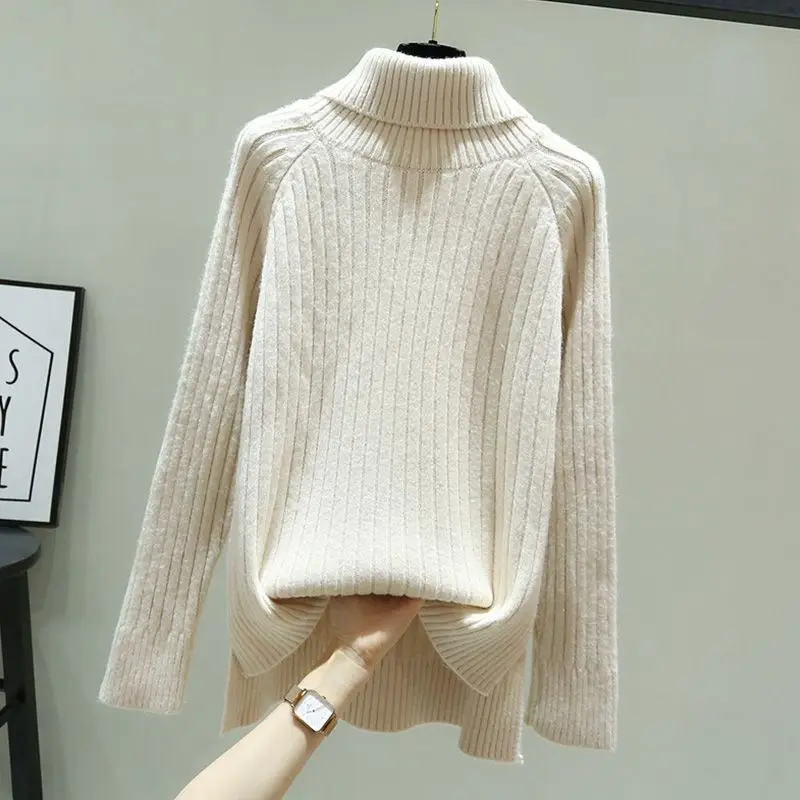 

Женский свитер с высоким воротником, вязаный шерстяной пуловер, Длинный свободный плотный теплый свитер, Модный повседневный женский свитер