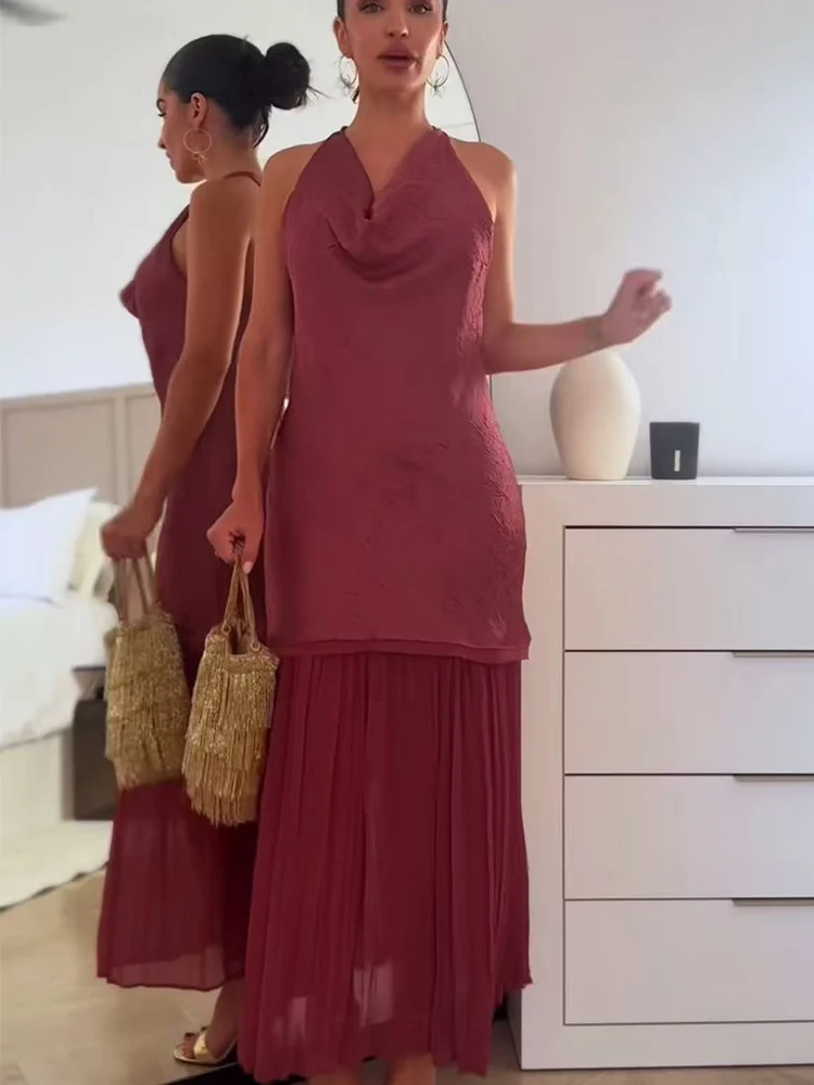 TFMLN Summer Women's Splicing Solid Color Long Elegant Patchwork Design Slimming Swinging Collar Sleeveless Temperament Dress