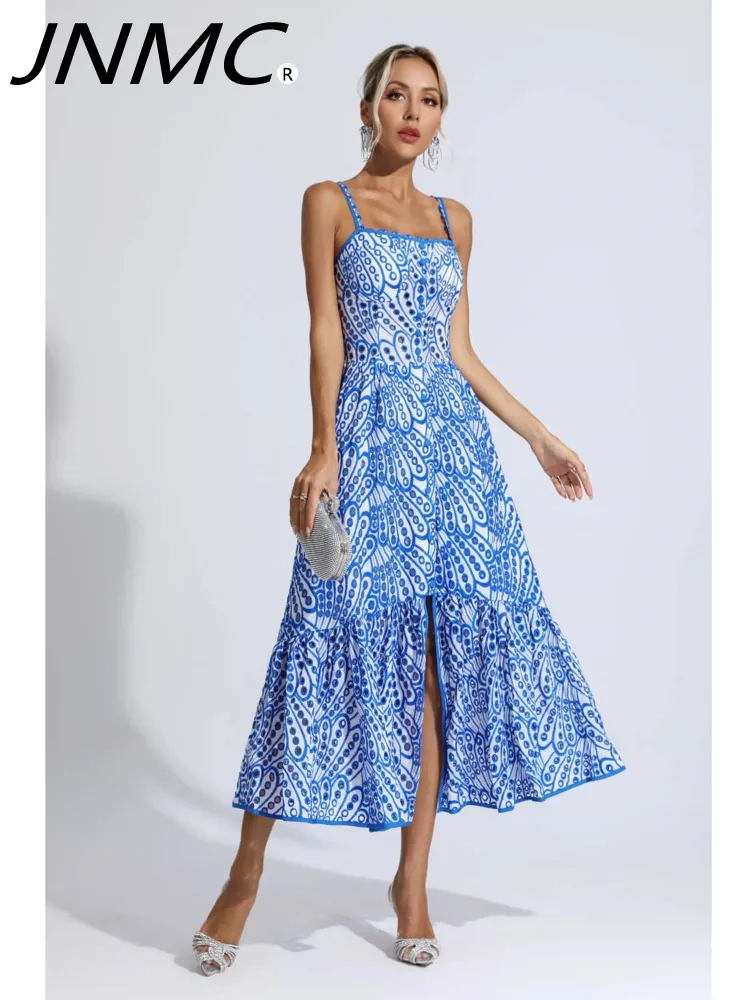 

JNMC Women 2024 Summer New Skirt Print Sexy Strapless Halter Waist Slimming Temperament Single Breasted Hollow Dress