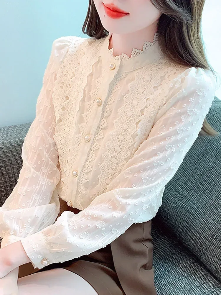 Fashion Long Sleeve White Lace Blouse Shirt Women Tops Blusas Mujer De Moda 2023  Elegantes Stand Collar Blouse Women Blusa H255 - AliExpress