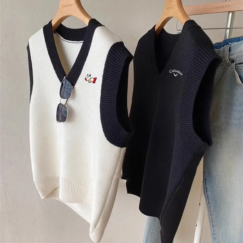 Couple Style Sleeveles Top Men's Golf Wear Autumn Korean New Golf Vest Luxury Brand V-neck Knit Vest Women's Clothing