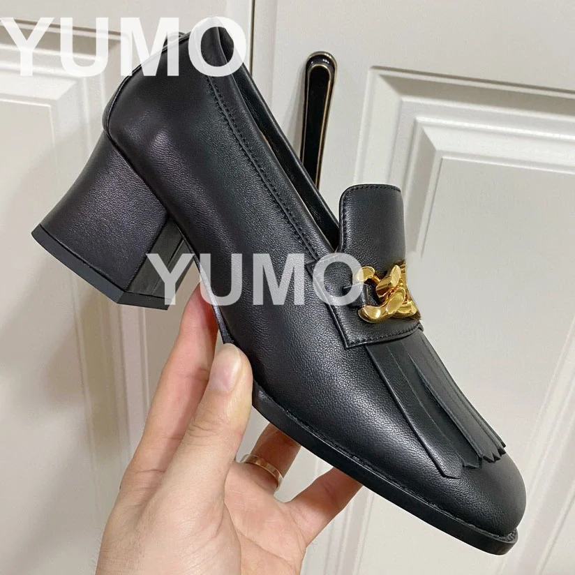 

High Quality Spring Autumn Genuine Leather Round Toe Solid Fashion Ladies Metal Chain /Tassel Slip On Pumps Large Size 42