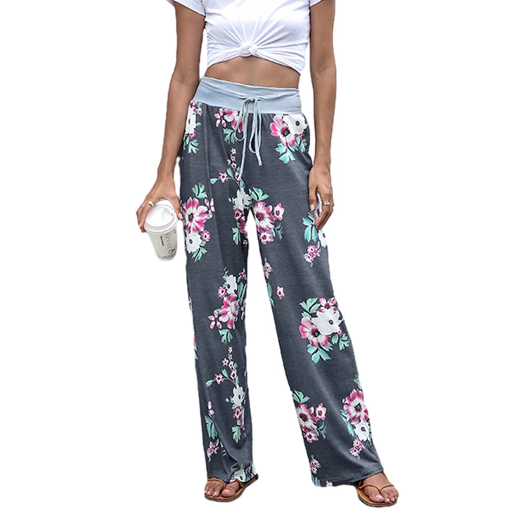 

Summer Women's Comfy Loose Wide Leg Palazzo Pants Floral Print Drawstring Waist Casual Trousers Black/Gray/Blue