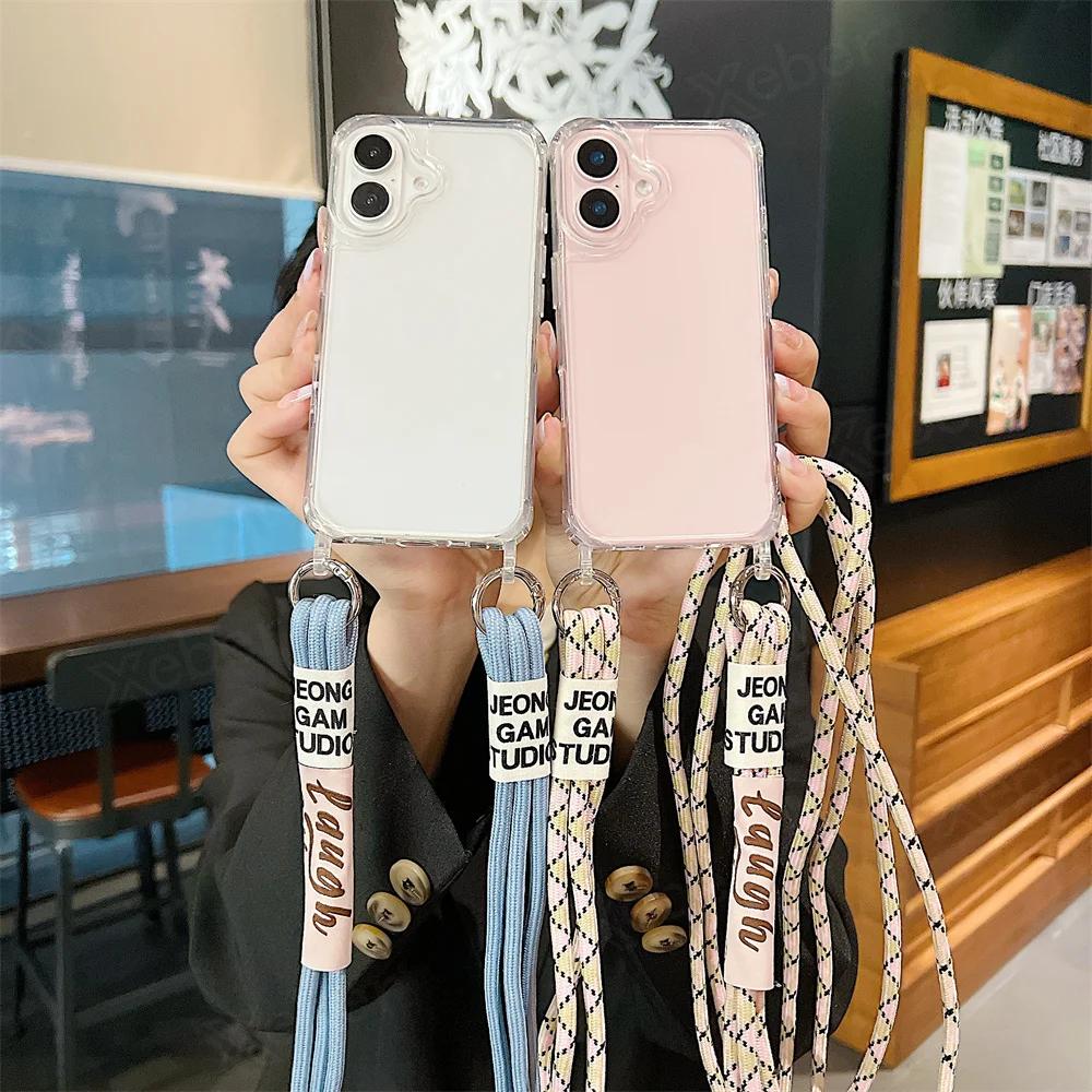 Étui de téléphone transparent avec lanière et collier en bandoulière pour iPhone 15 16 14 Pro Max 14 13 12 11, housse de protection antichoc à coussin d'air_voghion.com