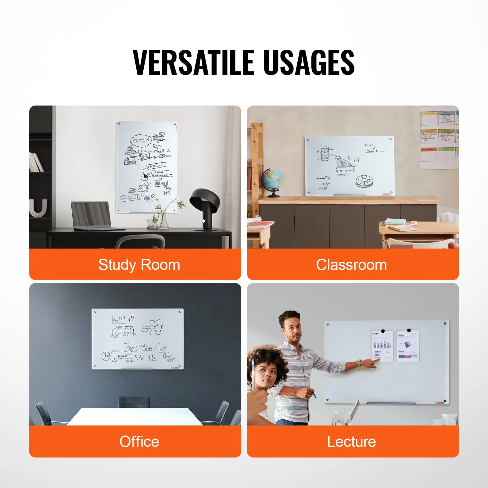 Magnetic Glass Whiteboard Dry Erase Board Wall-Mount Large Frameless Glassboard for School Office VEVOR 36"x24"/48"x32"/72"x36"
