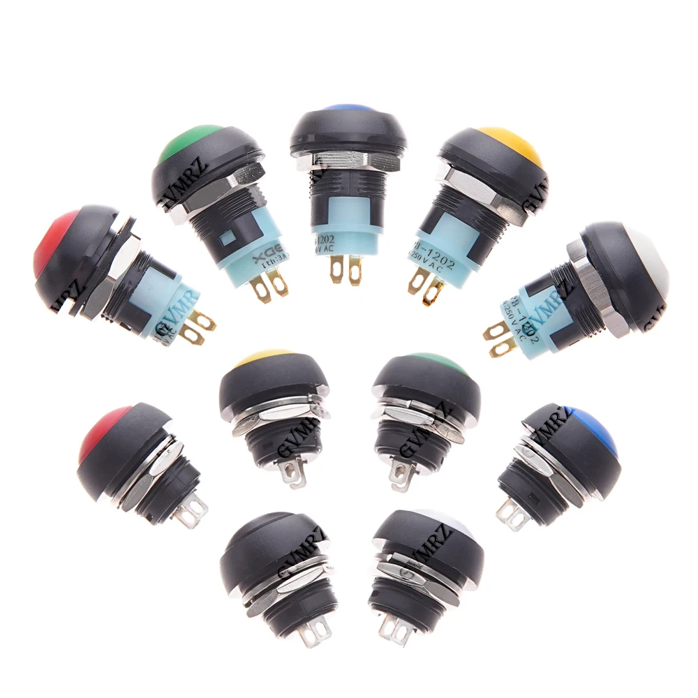 5PCS 레드 옐로우 12mm 블루 화이트 그린 미니 12mm 순간 방수 푸시 버튼 스위치 Horn1A 250V 셀프 리셋 블랙 DIY