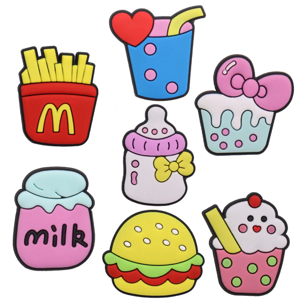

Wholesale 50pcs PVC Yummy Food Shoe Decorations Milk Fries Garden Shoes Accessories Fit Kids Croc Jibz Charm