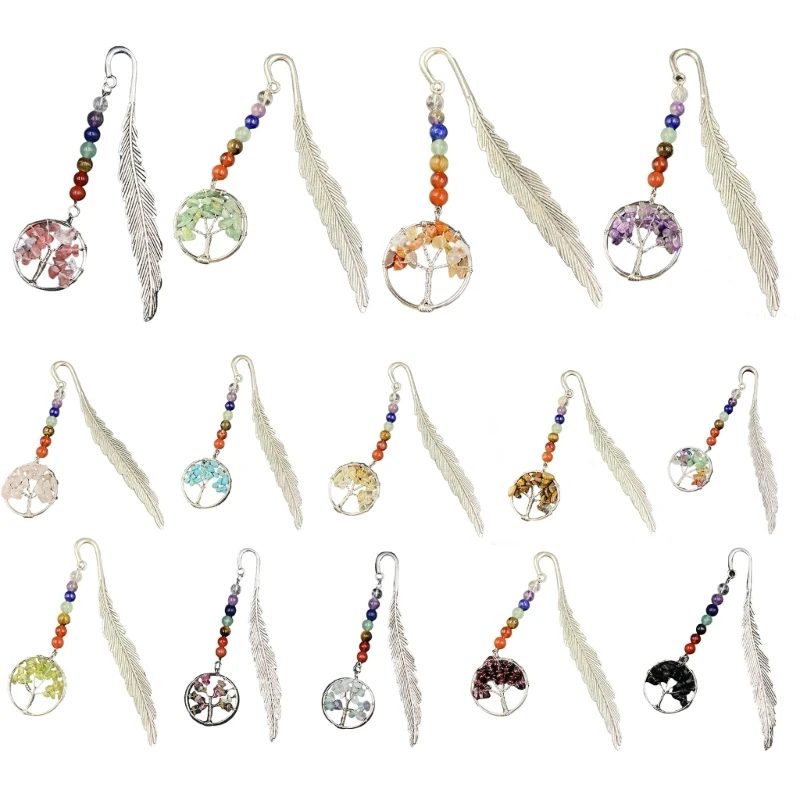 

Life Tree Colored Bookmark Fashion Creative Feather Shape Colorful Stone Crystal Alloy Bookmark Gift