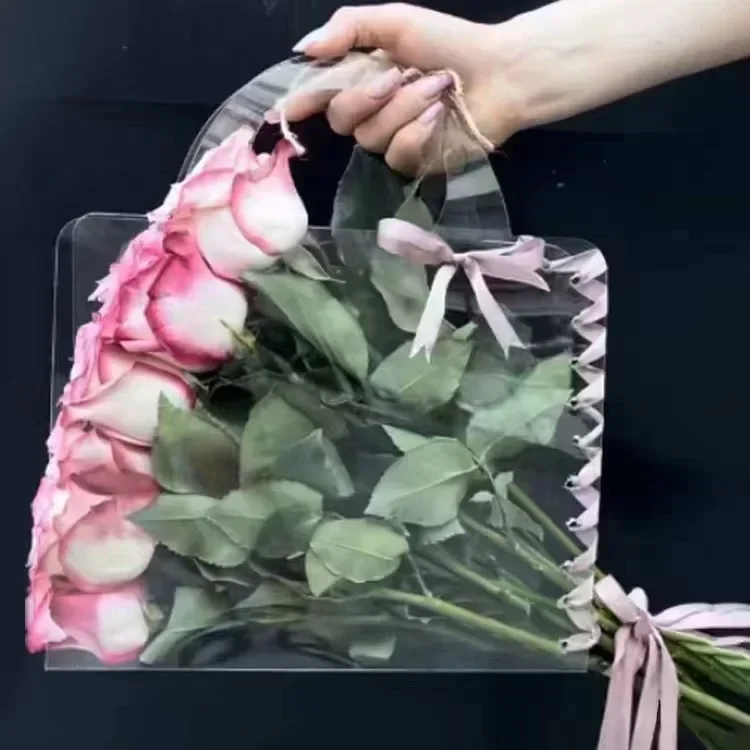 Rose Flower Plastic Sleeve Transparent Flower Packaging Carrier Bags Waterproof Tote Bag Mother's Day Gift Box