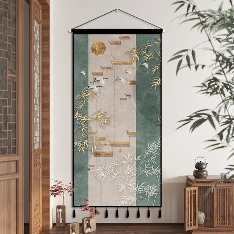 

Chinese Style Entrance Decorative Tapestry Meticulous Flower-and-bird Living Room Fabric Painting Ginkgo Background Wall Decor