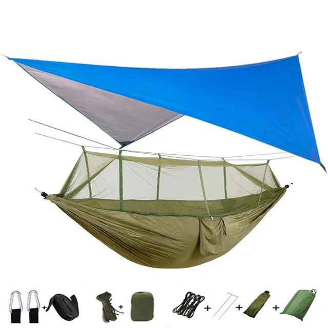 Lightweight Portable Camping Hammock and Tent Awning Rain Fly Tarp Waterproof Mosquito Net Hammock Canopy 210T Nylon Hammocks Blue and green
